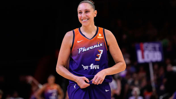 Phoenix Mercury Diana Taurasi smiles during the second half of a WNBA basketball game against the Atlanta Dream, Thursday, Aug. 3, 2023, in Phoenix. (AP Photo/Matt York)